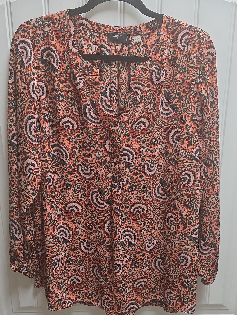 Tahari Orange and Pink Paisley Print Long Sleeve Blouse